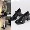 French High Heels Women's Retro Black College Style One-word Buckle Square Head Thick Heel Small Leather Shoes Mary Jane Single Shoes
