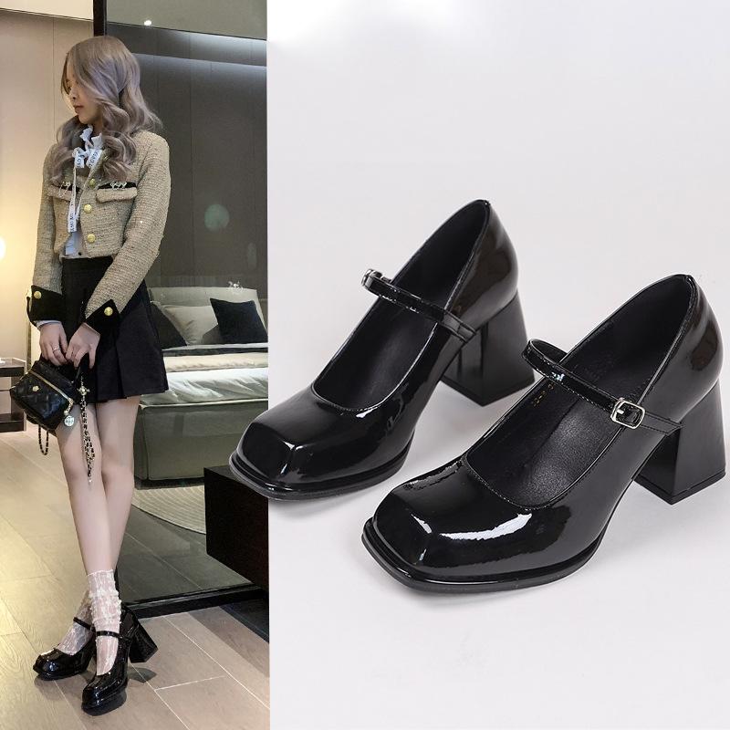 French High Heels Women's Retro Black College Style One-word Buckle Square Head Thick Heel Small Leather Shoes Mary Jane Single Shoes
