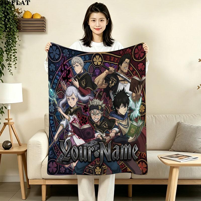 1PC Black Clover Custom Name Patterned Flannel Blanket Suitable For All Seasons For Home Decor Warmth And Comfort Gifts Holiday Present
