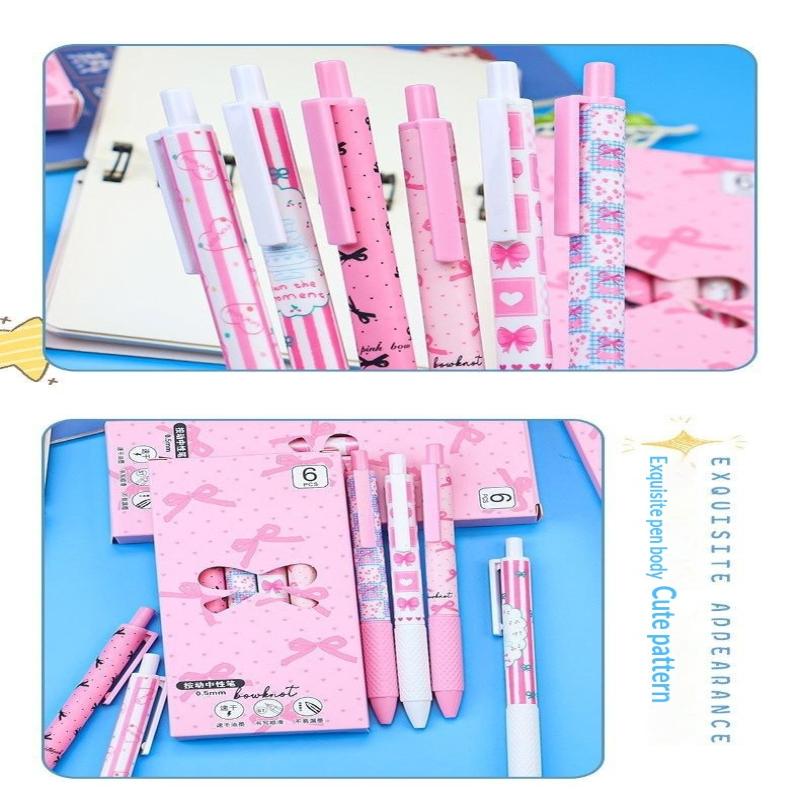 Набор из 4/6 шт. Розово-белых гелевых ручек со звездами и бантами, 0,5 мм, тонкий стержень, выдвижные ручки, для дневника, офиса, канцелярские товары, подарок