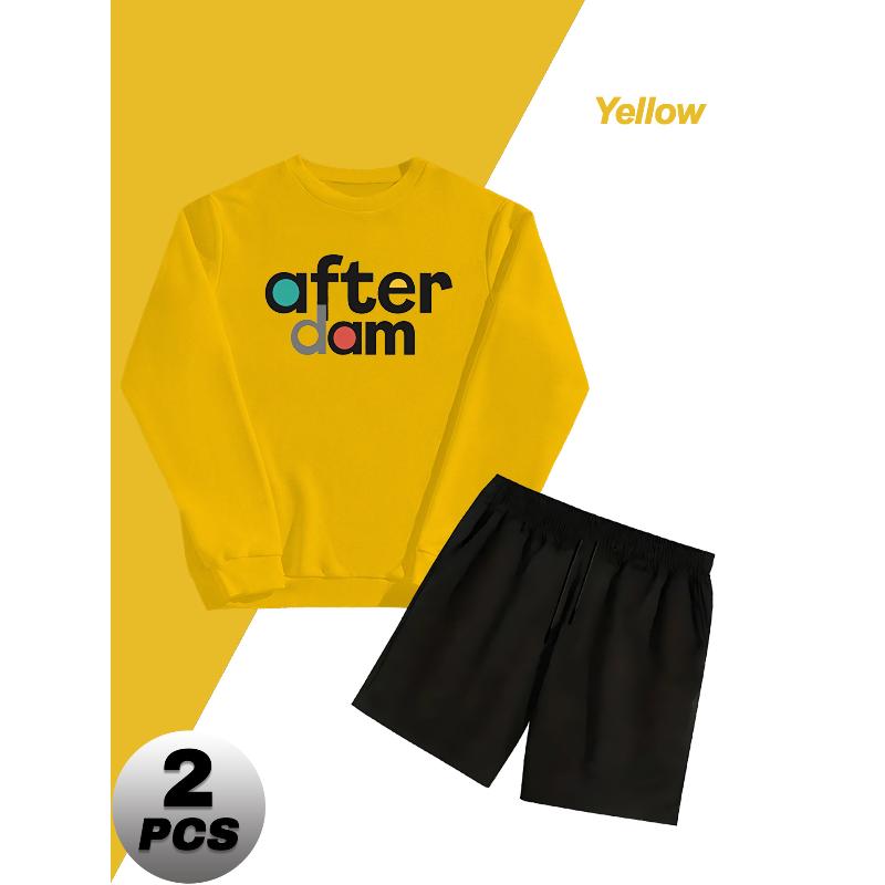 Casual Men's Polyester Set Crew Neck Sweatshirt and Drawstring Shorts Outdoor Gym Running Tracksuit