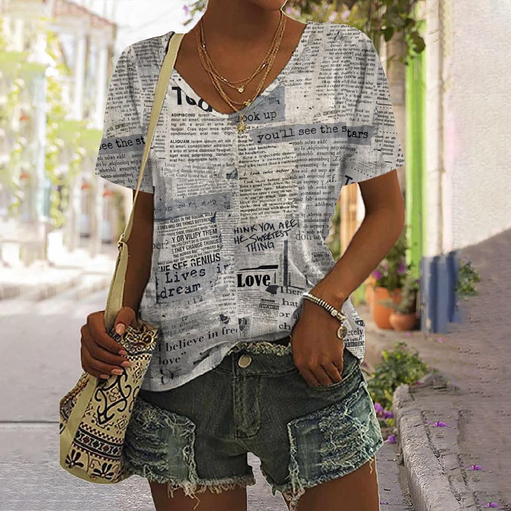 Винтажные черно-белые женские футболки с буквенным принтом, женский топ с v-образным вырезом, рубашка больших размеров, летняя женская одежда, повседневная одежда
