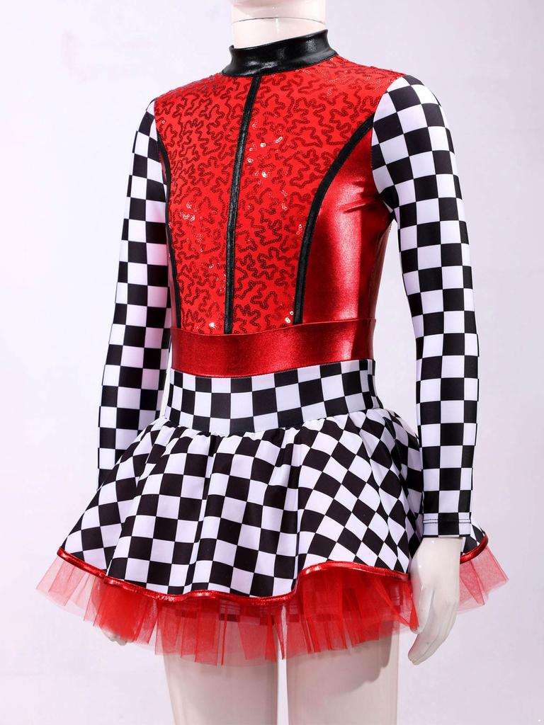 Детский костюм гонщика для девочек, клетчатый комбинезон гонщика с блестками, костюм для косплея на Хэллоуин, нарядное платье