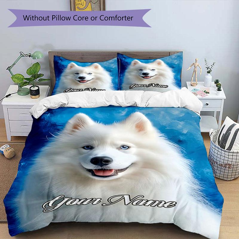 3PC Custom Name "White Dog Portrait" Bedding Set Printed Bedding Set Duvet Cover Closure Includes 1 Duvet Cover & 2 Pillowcases for All Seasons Bedroo