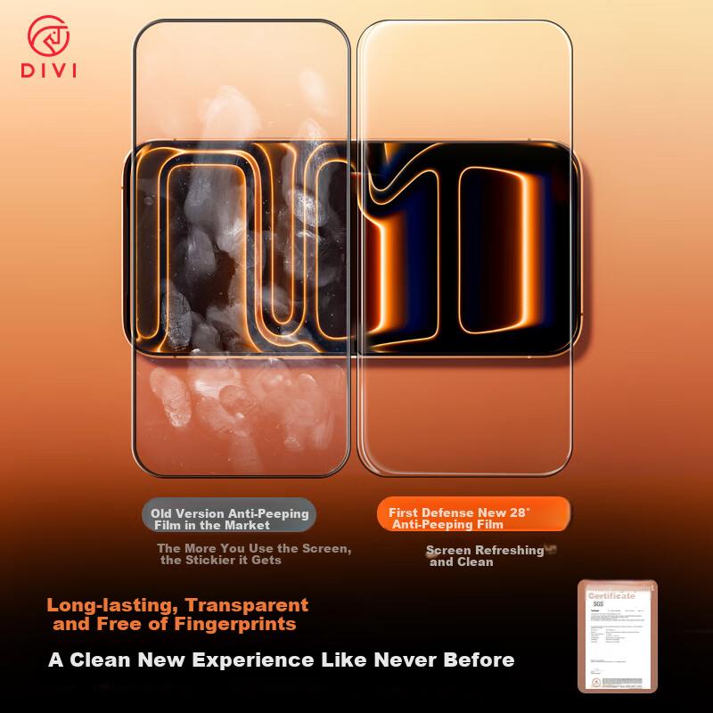 DIVI Corning New Screen Protector 2-Pack Tempered Glass for Apple IPhone 17 Pro Max, Anti-Spy, Dust-Proof, Shatterproof, an Room Certified