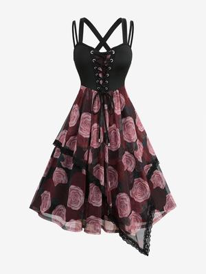 Rosegal Плюс Размер Роза Цветочный Принт Сетчатая Кружевная Отделка Шнуровка Перекрещивающиеся Спина Асимметричное Платье