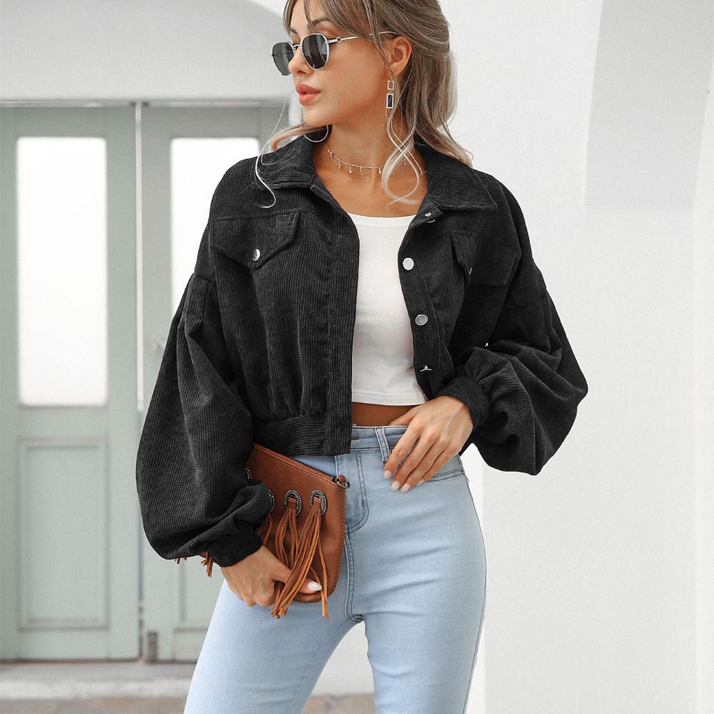 QICED Женские винтажные повседневные однотонные куртки и пальто с воротником-поло с длинными рукавами и осенне-зимним принтом