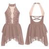 Kids Girls Rhinestone Lyrical Dance Costume Sheer Mesh Patchwork Sleeveless Irregular Hem Dress Dancewear
