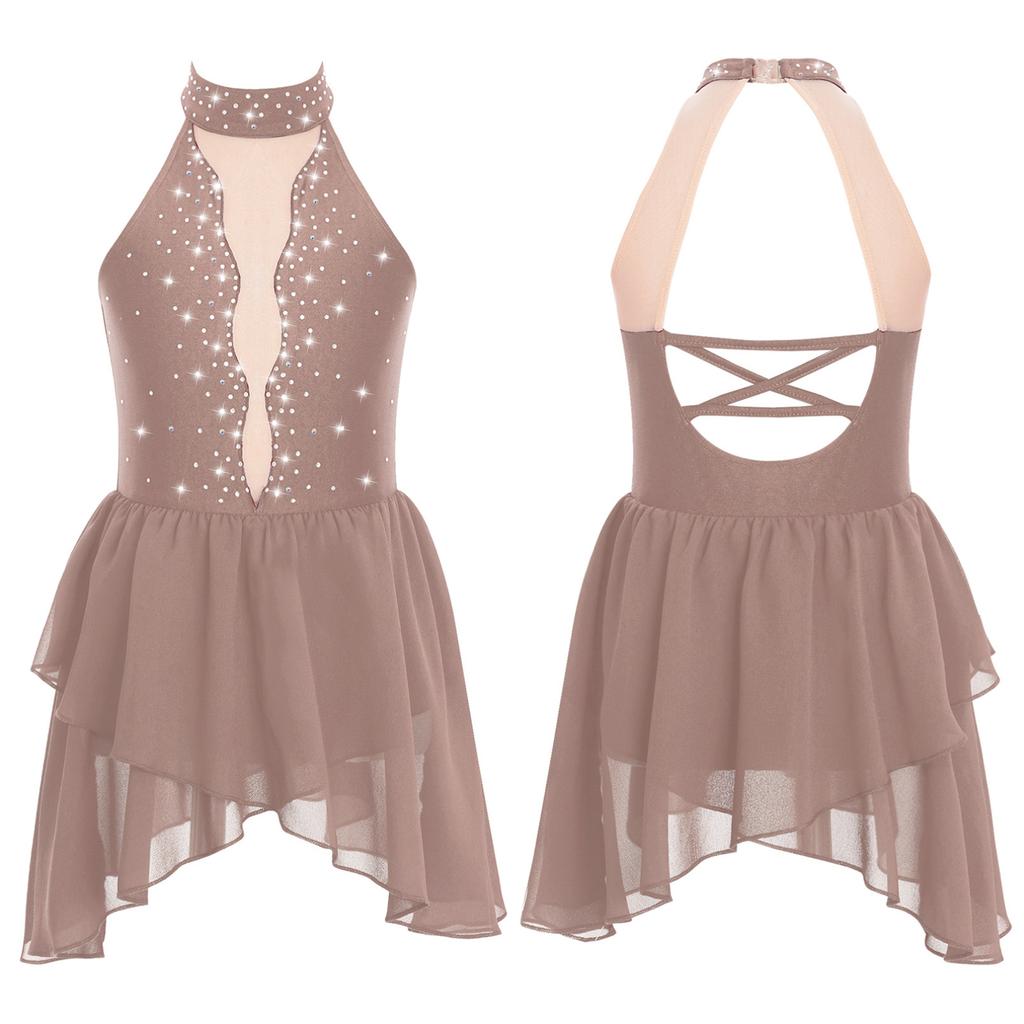 Kids Girls Rhinestone Lyrical Dance Costume Sheer Mesh Patchwork Sleeveless Irregular Hem Dress Dancewear