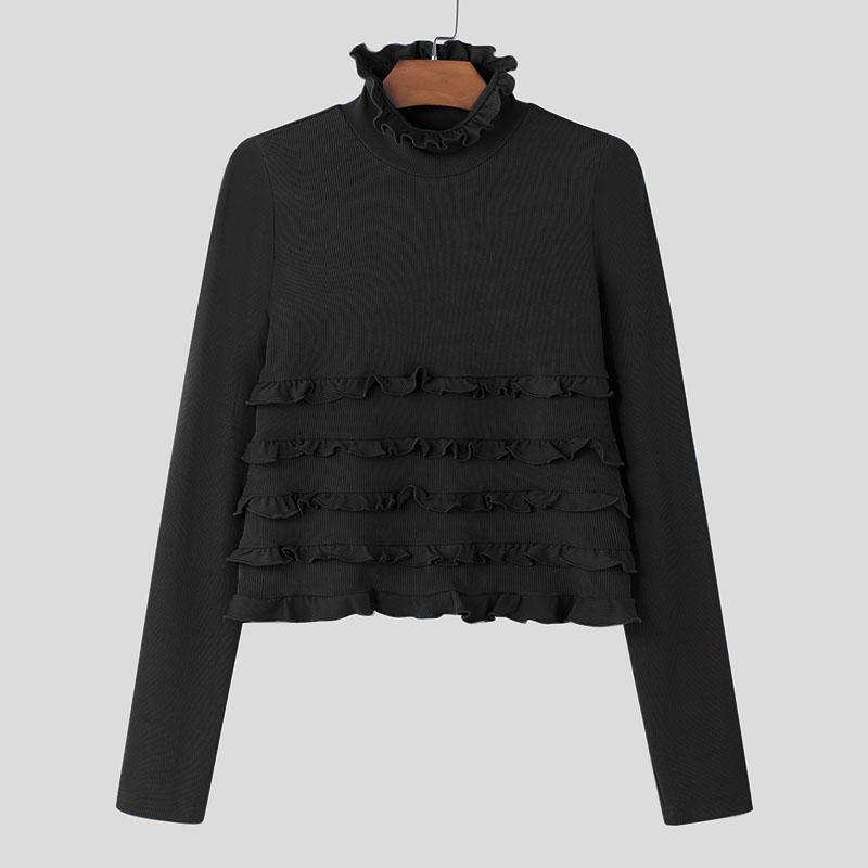 INCERUN Мужские топы с высоким воротом и длинным рукавом, облегающие, с оборками, короткие, майки