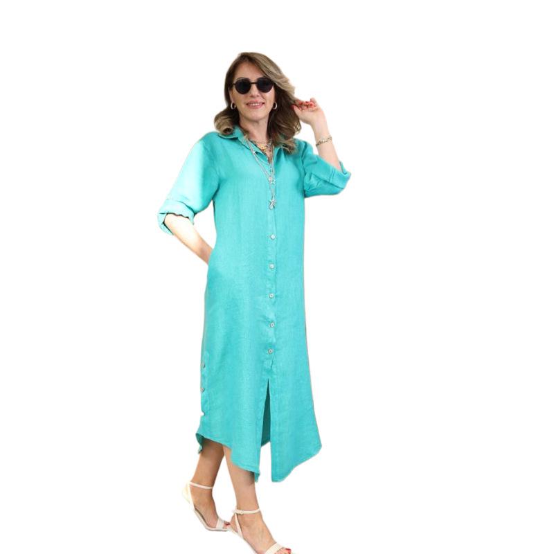 Льняное платье-рубашка большого размера с кружевной вставкой - Повседневный стиль в европейском и американском стиле