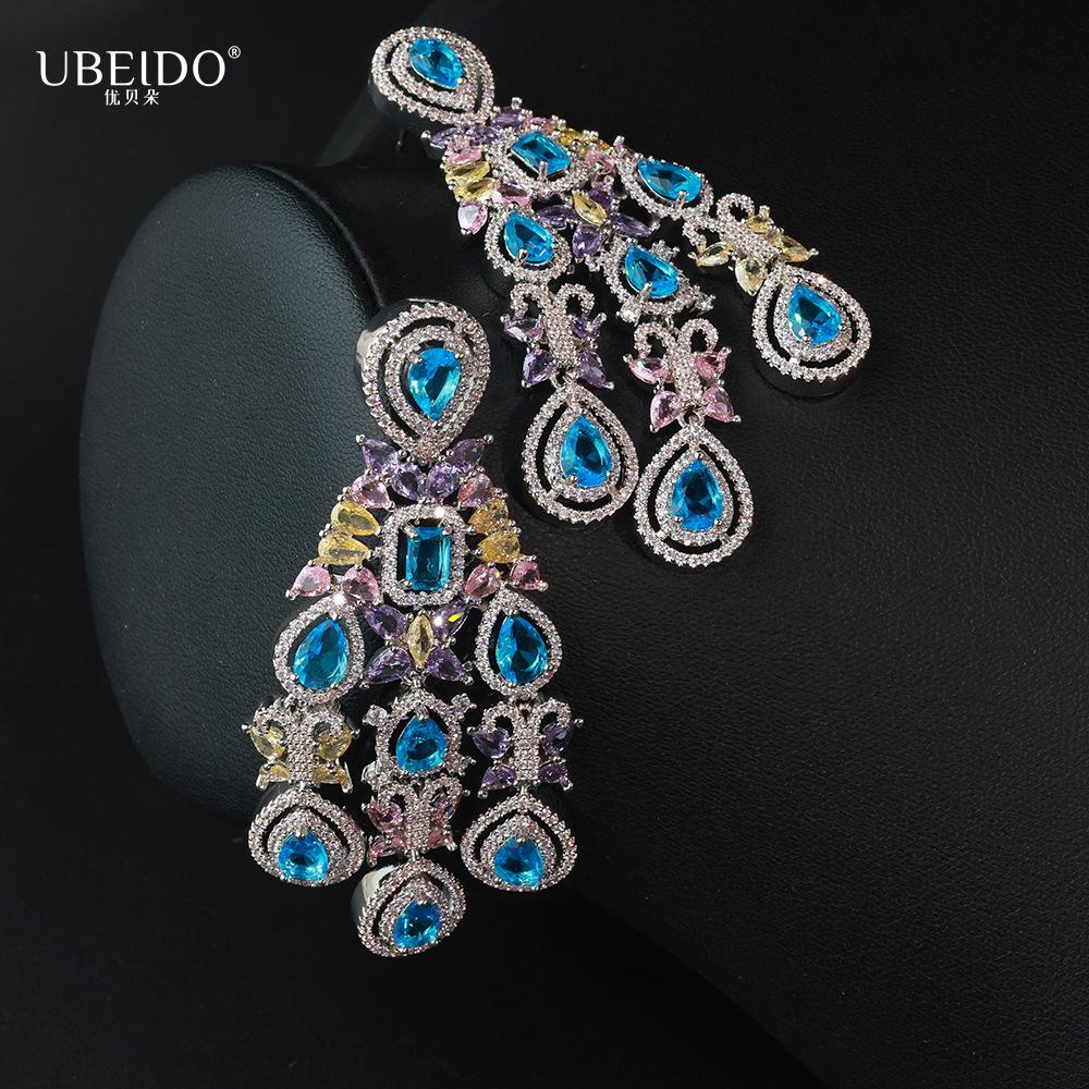 Luxury Multicolor Zircon Teardrop Necklace and Earrings Set for Women Elegant Crystal Jewelry for Wedding Party Evening Gown