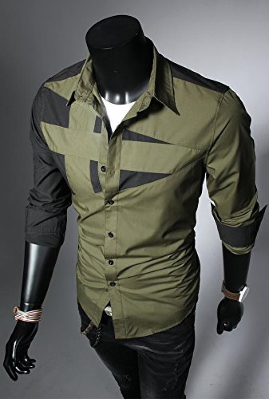 Casual Long Geometric Slim Cut and Green and Dress Salon LEON Student Coordination Green and (SGL Collection) Men's Shirt, Sleeve, Design,