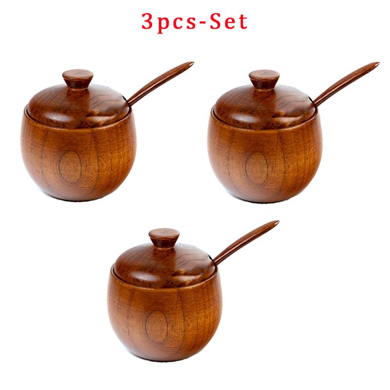 Wooden Salt Cellar Sugar Bowl Pepper Box Salt Seasoning Container Storage Box with Lid and Spoon Wooden Spice Box Spice Jars
