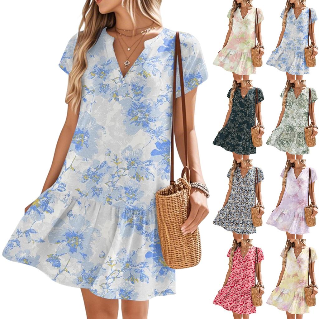 Women's Dresses Short Sleeve V-Neck Floral Printed Loose Casual Temperament Beach Dresses