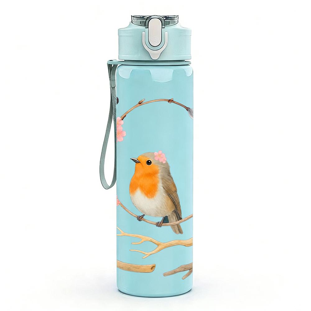 1PC Branch Robin Bird Wreath 750ml Color Plastic Sports Water Bottle Leakproof Flip Straw Lid Suitable for Sports Office Home Use