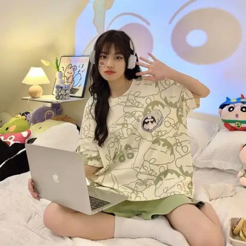 «Женский летний пижамный комплект 2024 года»: Короткий рукав, свободный крой, круглый вырез, комплект из двух частей с шортами.