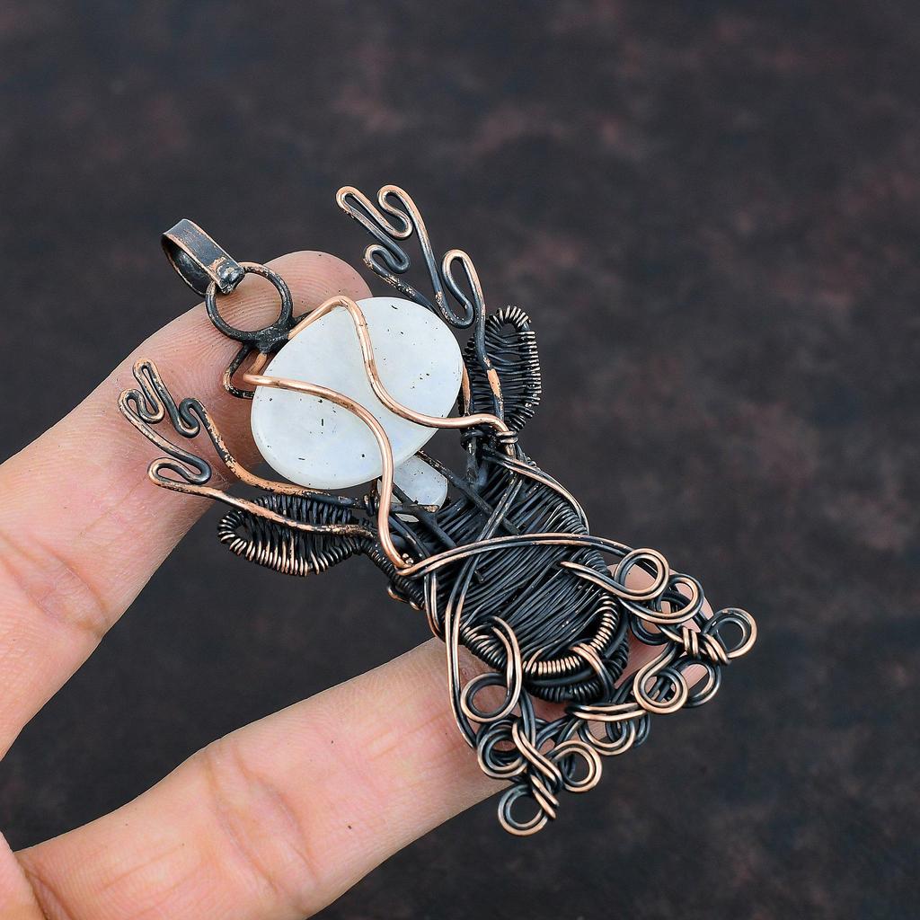 Подвеска из радужного лунного камня, подвеска из медной проволоки, ювелирное украшение в виде лица оленя, подвеска из драгоценного камня ручной работы, красивые медные украшения, подарки на помолвку