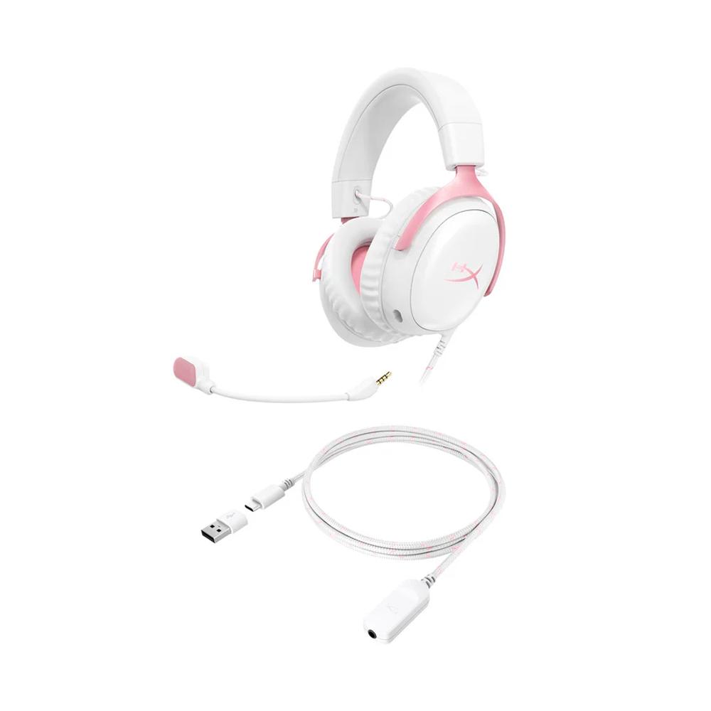 Проводная игровая гарнитура HyperX Cloud III розового цвета, CS2, FPS, CSGO, ПК, PS5, Xbox Series X|S, динамики 53 мм, DTS Spatial Audio, микрофон Ultra-Clear 10 мм, USB-C, USB-A, 3,5 мм