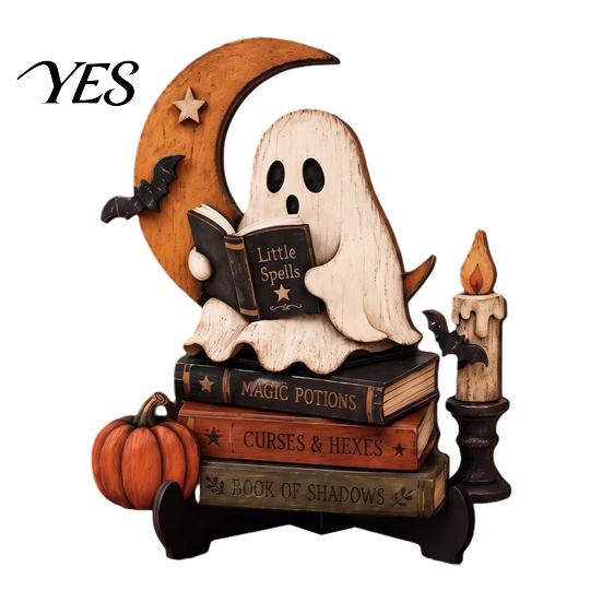 Ghost Reading Bookshelf Decor Halloween Figurine, Retro Wooden Statue, Vintage Desktop Craft Ornament with Stacked Book for Home Office Shelf Creative