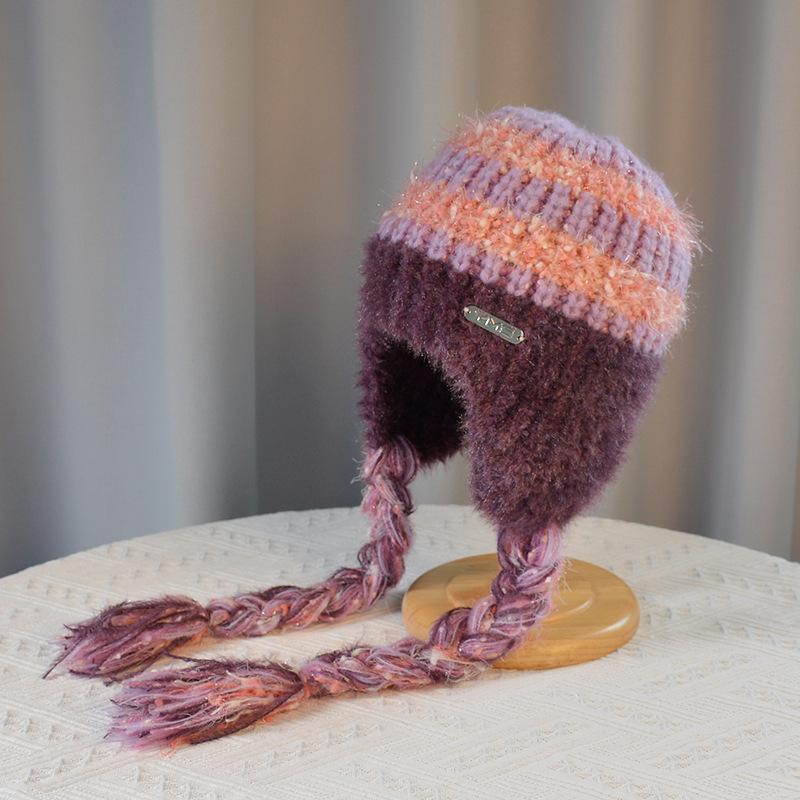 Женская осенне-зимняя теплая утолщенная защитная шапка с холодным мехом и бархатом, двойная тесьма, вязаная шапка, милая разноцветная шапка