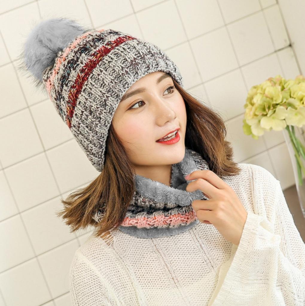 Winter cold weather gear: drop knit neck warmer and fur hat set in gray