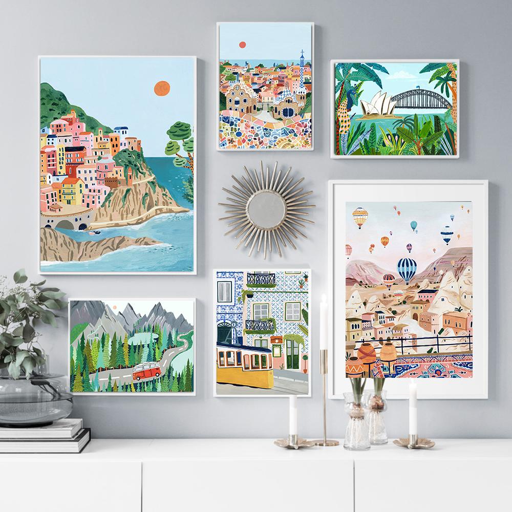 Nordic Vintage Travel City Poster Barcelona Turky Italy Landscape Art Canvas Painting Housewarming Gift Wall Pictures Home Decor