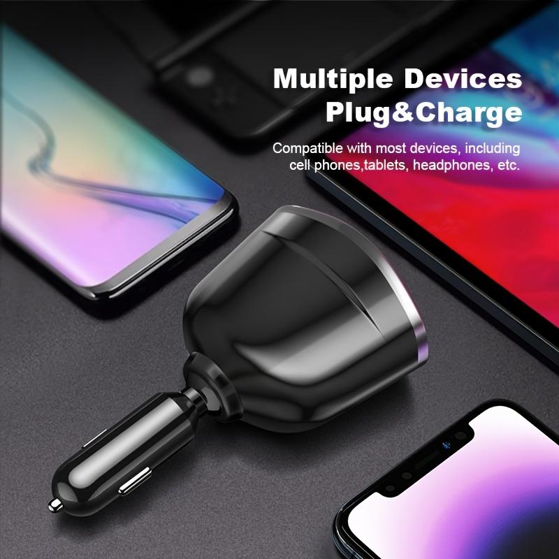 PD30W Fast Charging Car Charger with Retractable Cable, Dual Cigarette Lighter Ports and Real-Time LED Voltage Monitor for Cars and SUVs