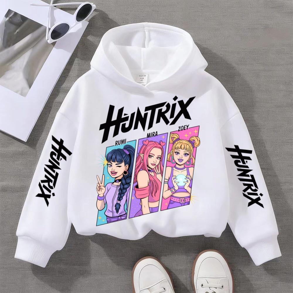 Детская толстовка с капюшоном с принтом женской группы Huntrix, Милое искусство с персонажами в комическом стиле, Уютная толстовка для мальчиков и девочек, Повседневная одежда для улицы и дома
