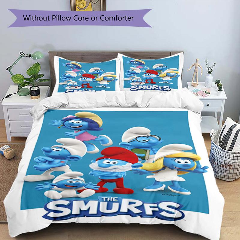 3pcs Duvet Cover Set (1*Duvet Cover + 2*Pillowcase, Without Core), Blue Smurfs Print Bedding Set, Bedroom Decor, All‑Season, Birthday Gift