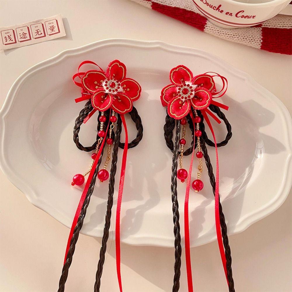 2pcs Hanfu Headdress Children Red Hairclip Flower Tassel Bow Wig Braid Hairpin New Year Headwear
