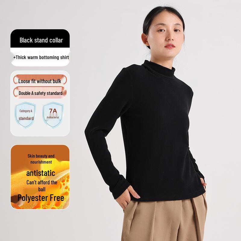 460G Женская бархатная теплая футболка с длинным рукавом и полувысоким воротником - Зима и осень