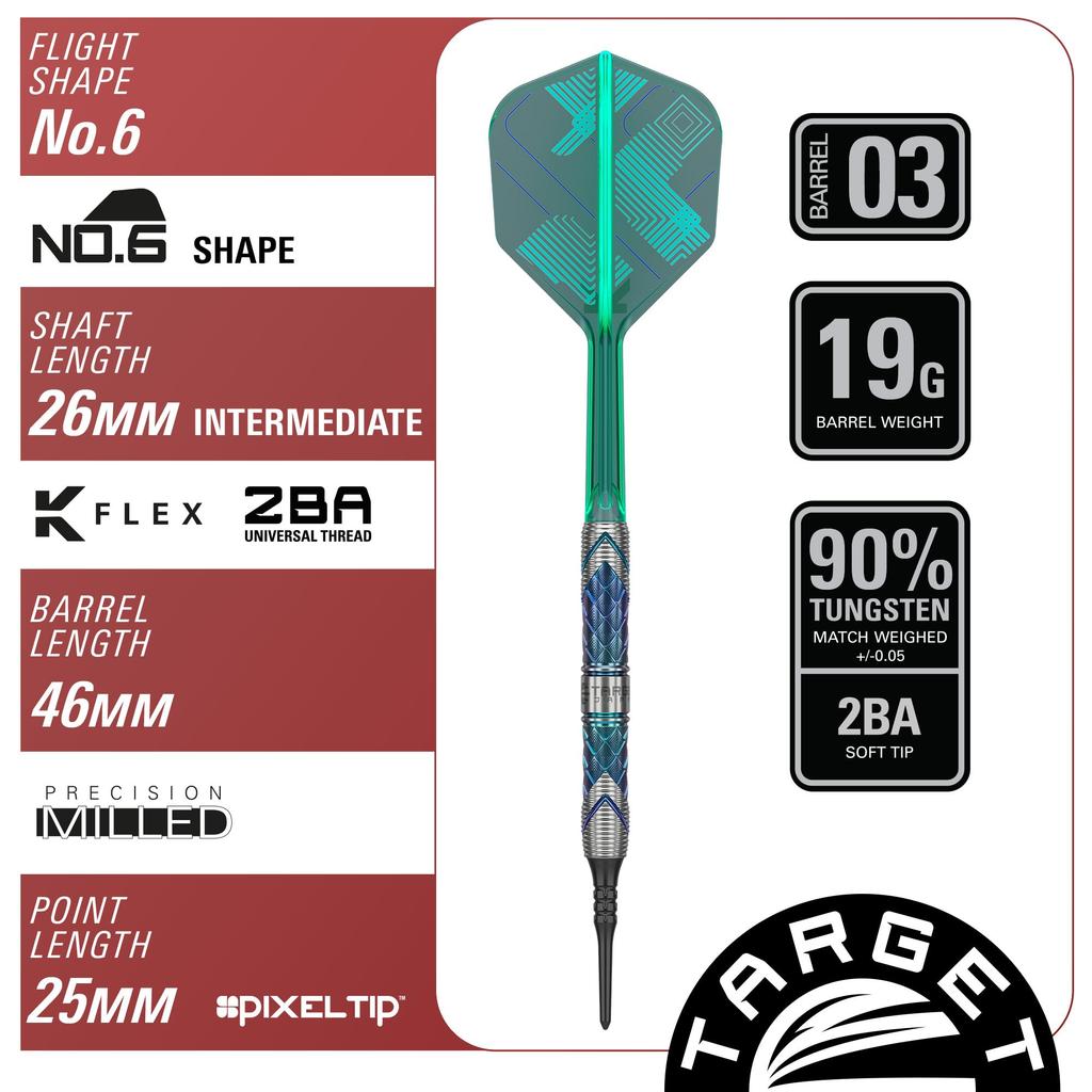 Target Japan KAZE SERIES CEROS 90% Вольфрамовый набор дротиков с мягким наконечником 19 г, оперения и стержни K-Flex № 6, 2BA, черные наконечники Pixel - DLC Синее покрытие (03)