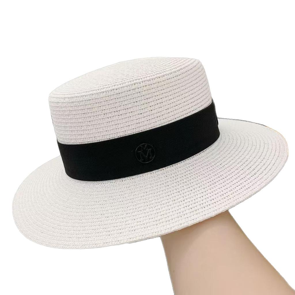 Straw hat female summer versatile flat top beach hat sun protection shade British top hat Internet celebrities outdoors