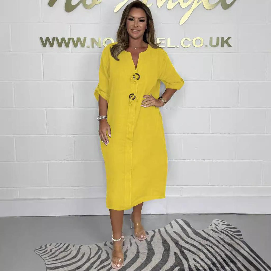 2024 Европейское и Американское Женское Повседневное Платье-Халат Свободного Кроя Однотонного Цвета