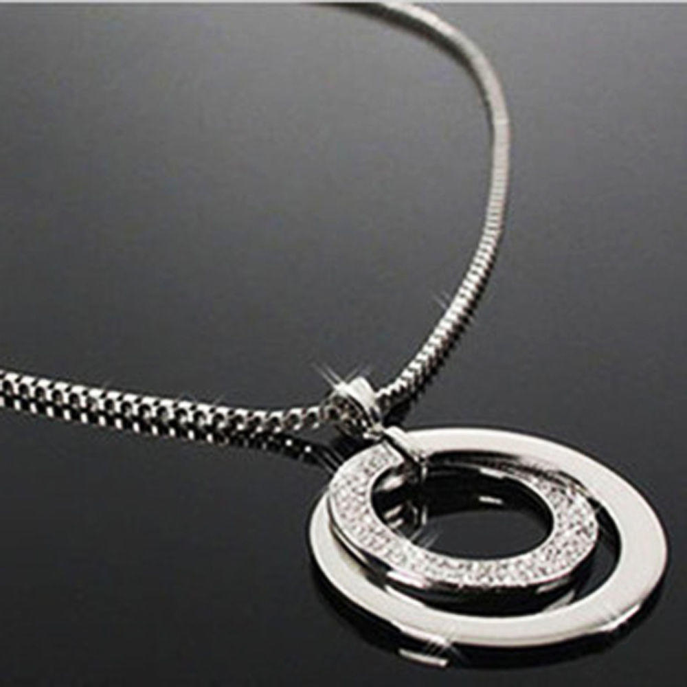 Women Rhinestone Long Necklace Pendant Silver Plated Chain