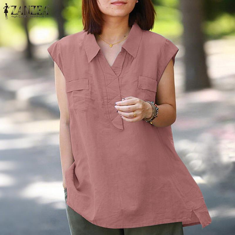 ZANZEA Женская повседневная летняя блузка без рукавов с отложным воротником