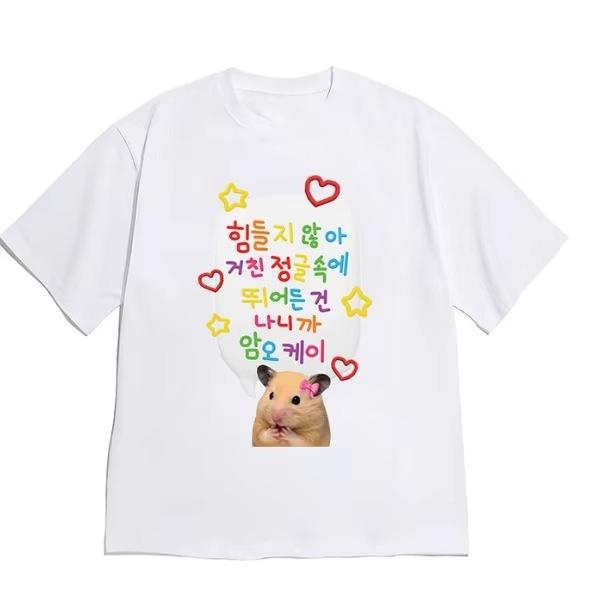 Korean style versatile fashionable retro cute pink cat and gun print Tshirt Couples allseason street style shirt
