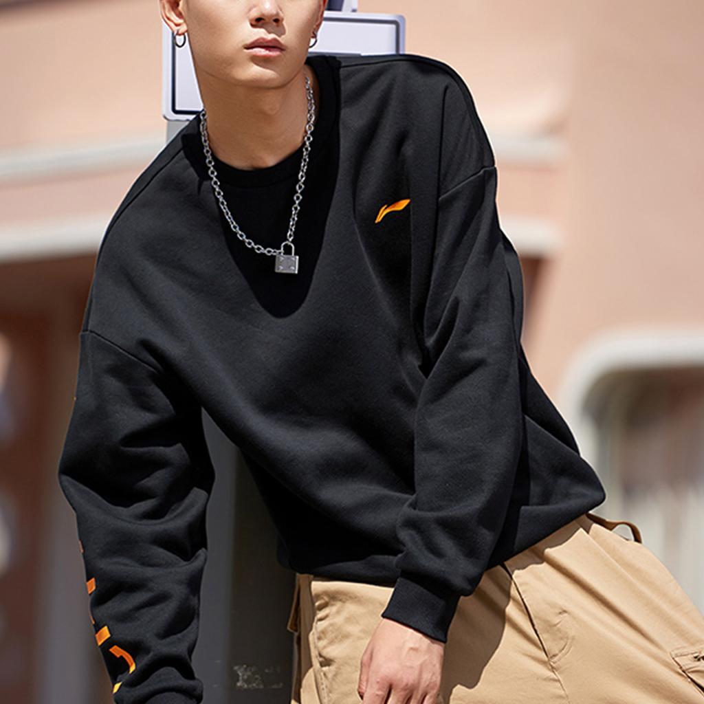 Li-Ning Свободный флисовый свитер с круглым вырезом, длинный рукав, толстовка унисекс, стандартная черная AWDP932-10