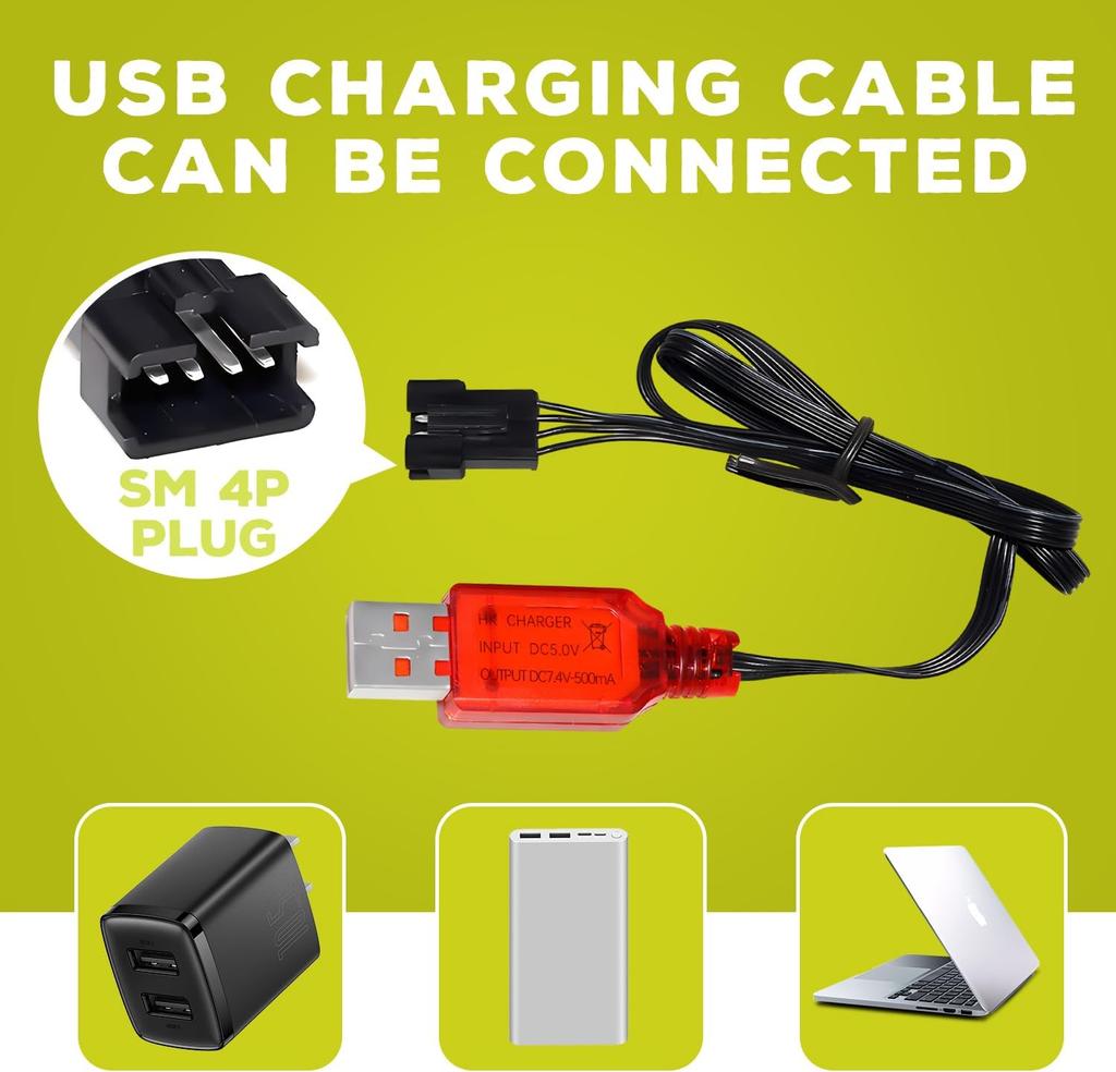 2x Высокоскоростные литиевые батареи 7,4 В 500 мАч – Совместимы с EC16 DE85 для радиоуправляемой лодки, модели корабля, автомобиля – с USB-зарядным устройством