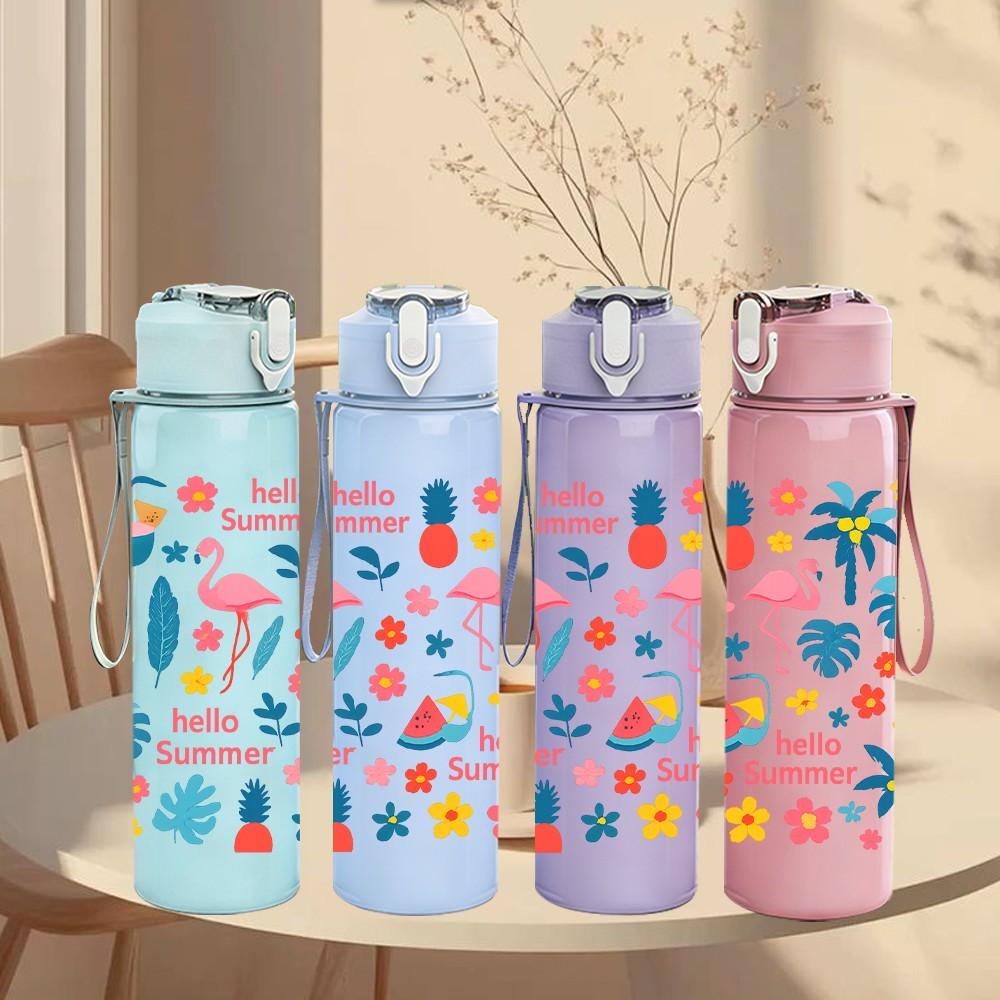 1PC Tropical Palm Flamingo Seamless Print 750ml Color Plastic Sports Water Bottle Leakproof Flip Straw Lid Suitable for Sports Office Home Use