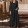 VEZFAA Женская мода весна осень однотонный принт длинный рукав V-образный вырез свободная талия повседневные платья