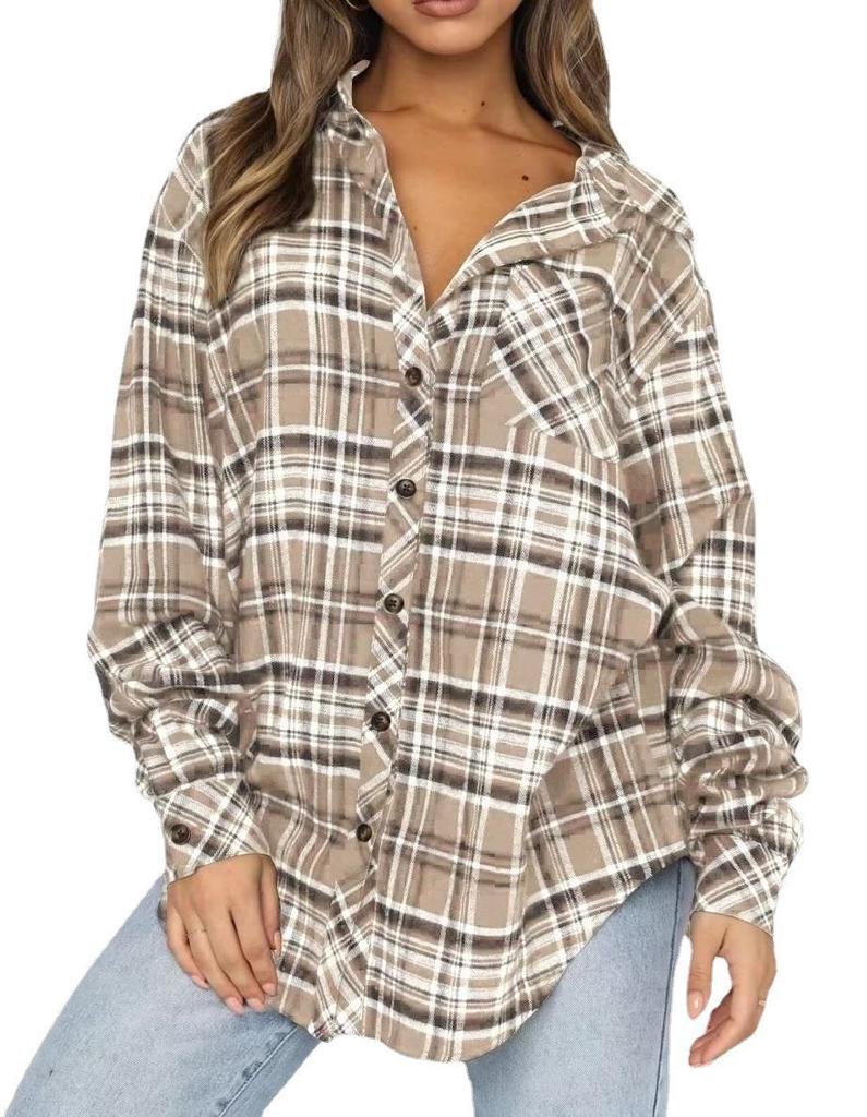 Новая женская рубашка свободного покроя с воротником и длинными рукавами в клетку