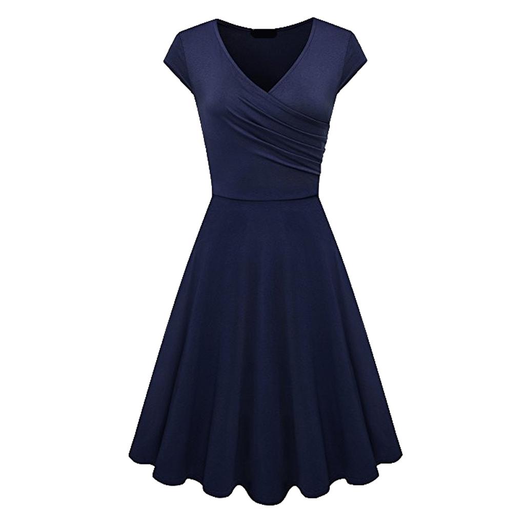 Fashion Women Solid Color Dress V-Neck Short Sleeve Evening Party Dress