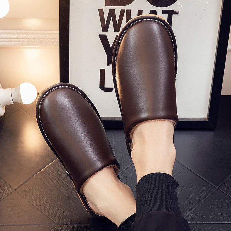 Водонепроницаемые кожаные шлепанцы слипоны с теплой плюшевой подкладкой для пар