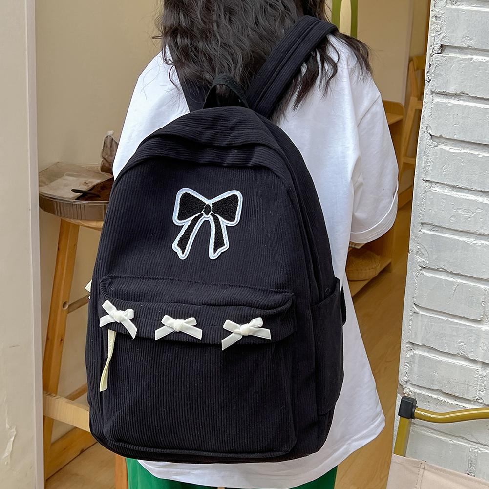 Cute Bowknot Casual Travel Daypack Corduroy School Bag Lightweight Student Rucksack for Girls Women High School College Work CLE
