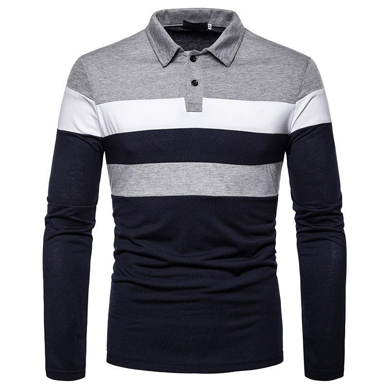 Men Turn Down Collar Long Sleeve Color Block Casual Polo Shirt
