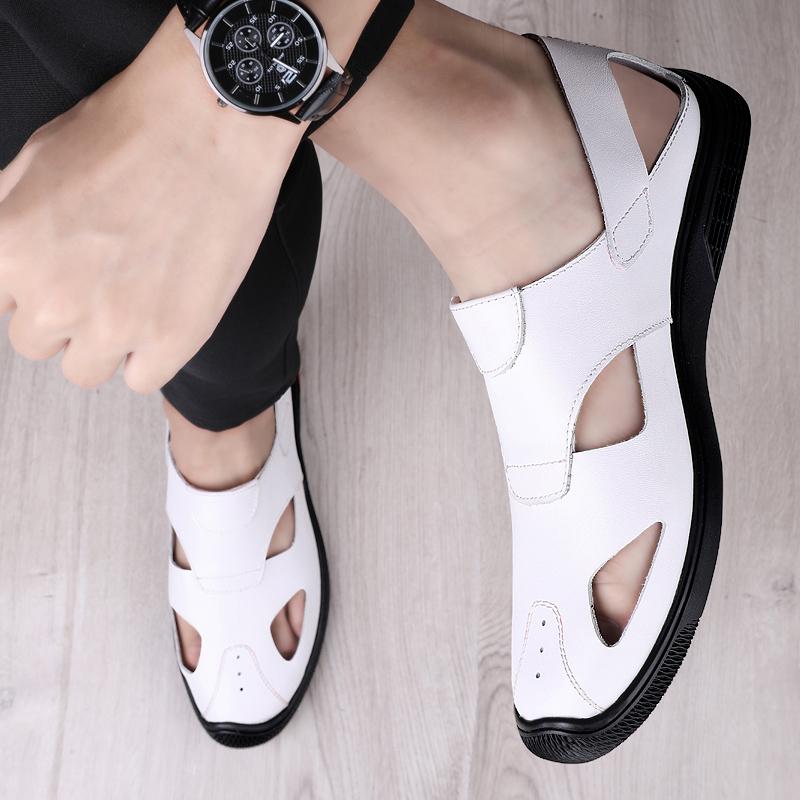 Новые летние мужские сандалии для отдыха на пляже, дышащие мужские повседневные туфли, кожаные римские сандалии для мужчин, классные балетки с открытым носком