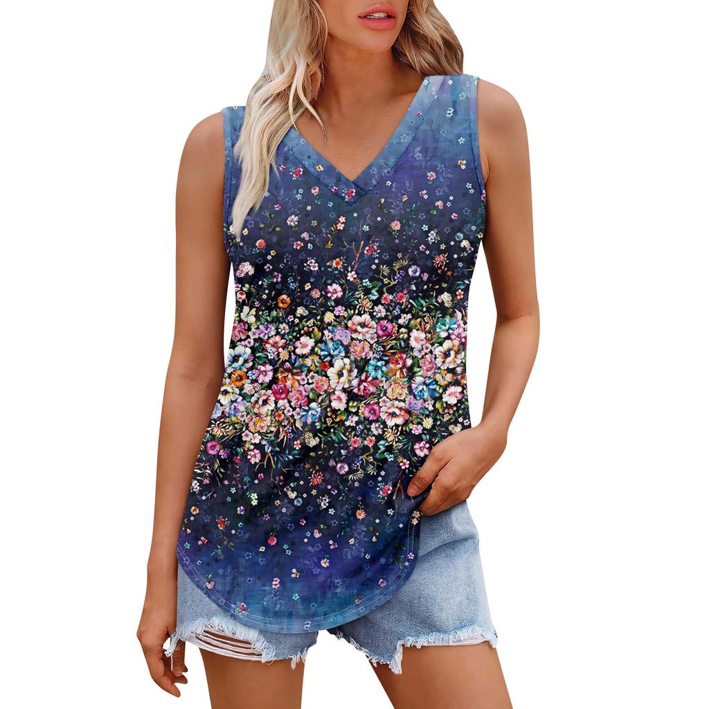 Женская майка с V-образным вырезом и принтом, повседневная майка, свободный крой, топы без рукавов, струящиеся