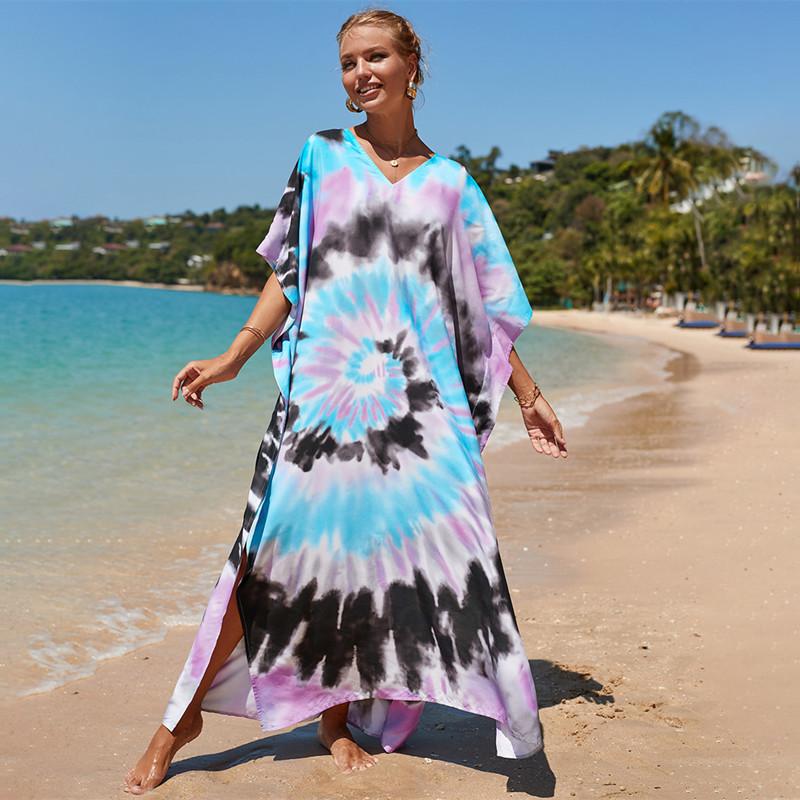 2022 Разноцветный кафтан с богемным принтом и v-образным вырезом, рукавами «летучая мышь», уличная одежда, платье макси, женская пляжная одежда, купальный костюм, накидка Q1342